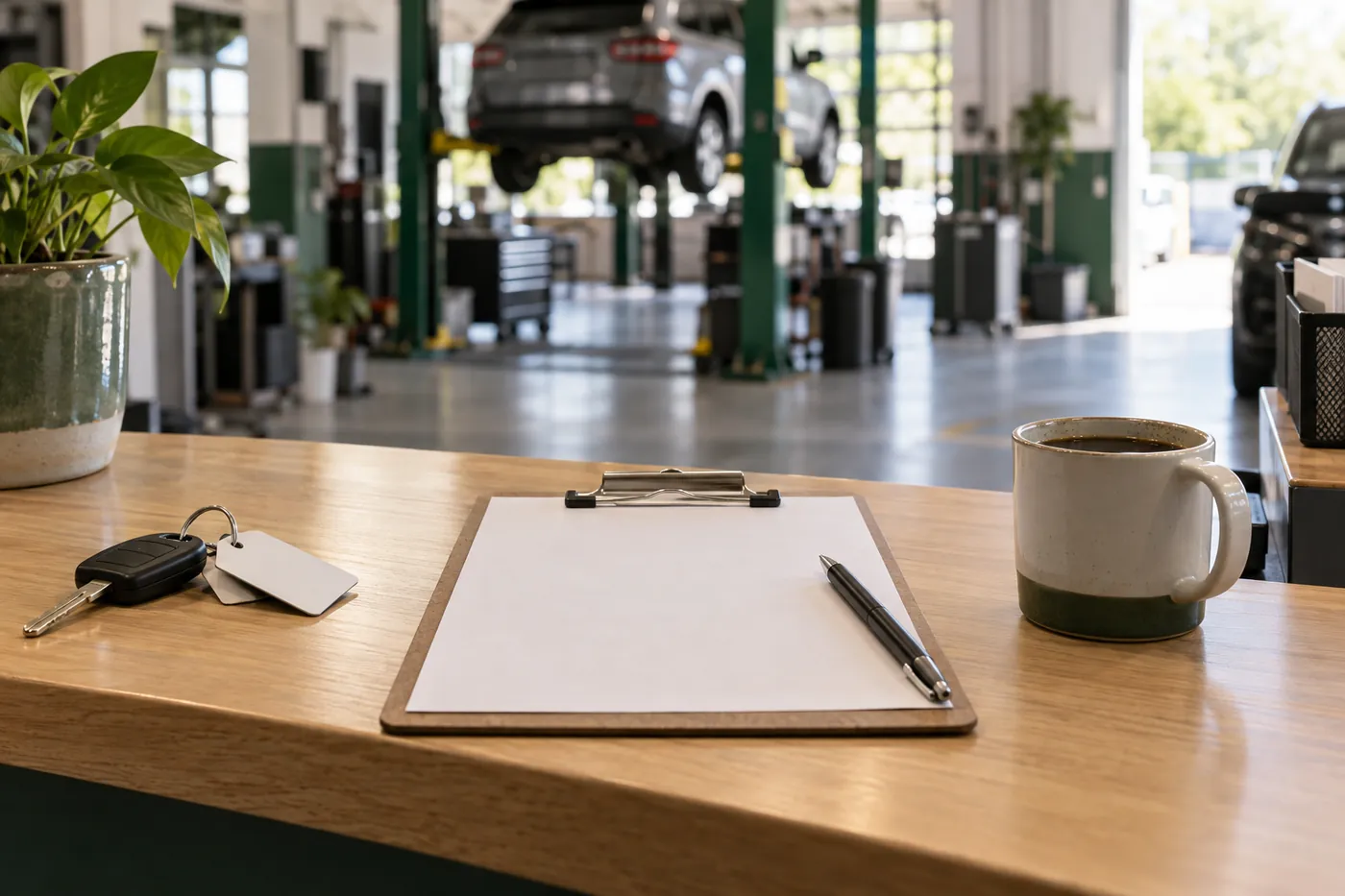 The front counter with keys, a blank work order on a clipboard and a coffee